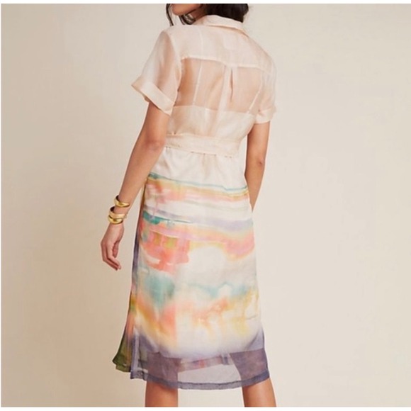 Anthropologie Aimee Clarke Silk Watercolor Sheer Button Up Shirtdress Midi Sz S - Picture 2 of 10
